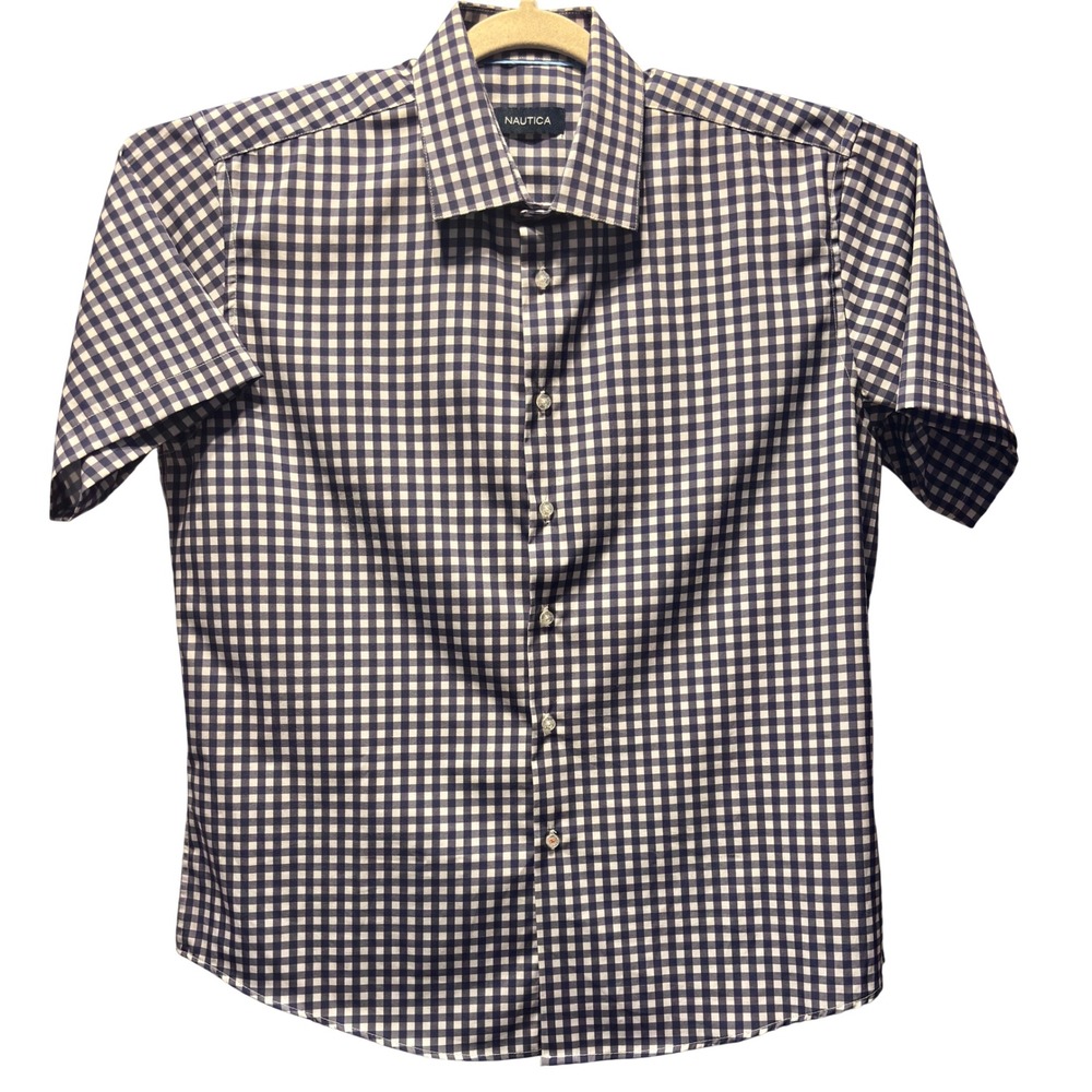 Nautica‎ Button Down Shirt Mens Medium Blue White Gingham Excellent Short Sleeve